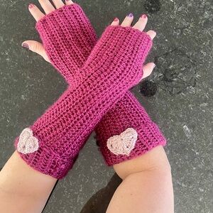 Handmade Pink Fingerless Gloves with Heart Detail